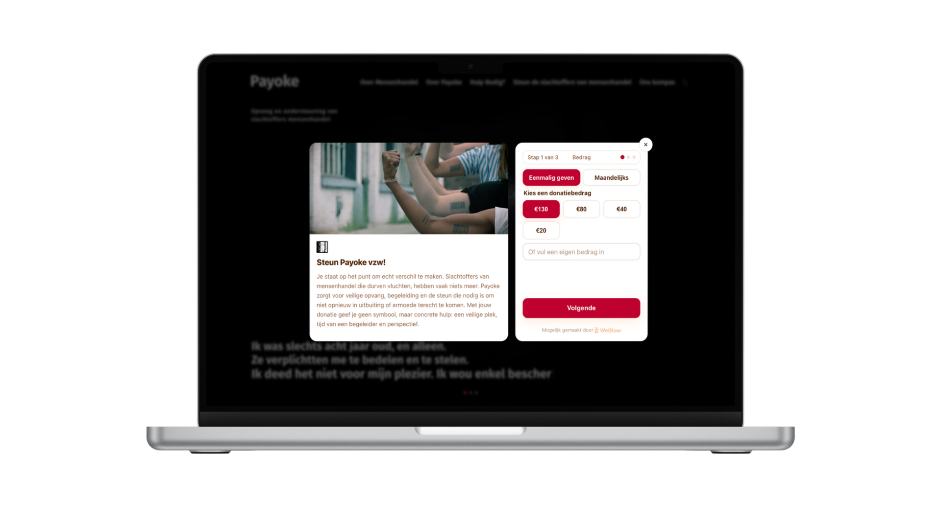 Laptop met een donatiepopup bovenop een website