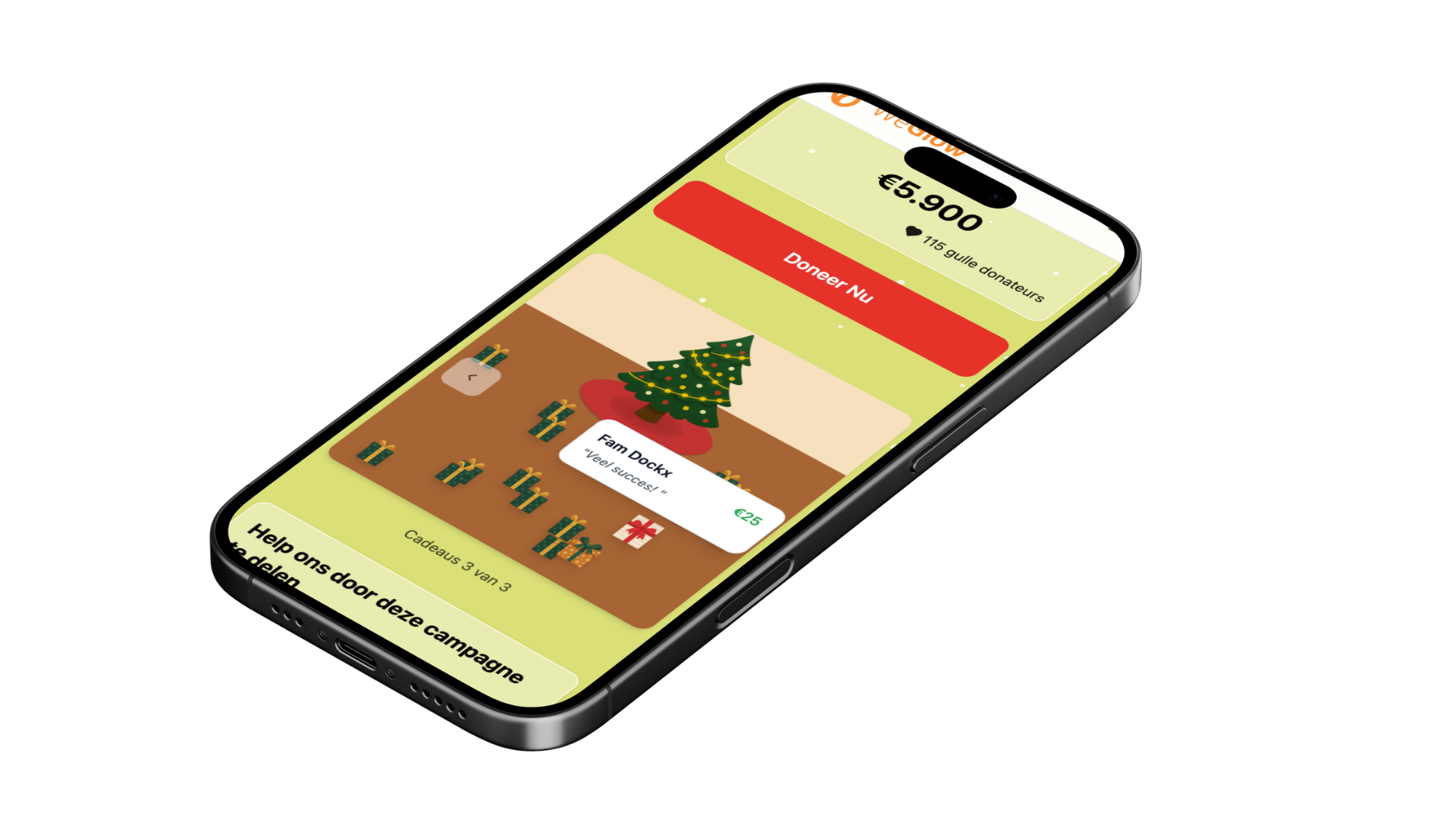 Smartphone met een seizoenscampagne waarin elke gift als item op een tafereel verschijnt