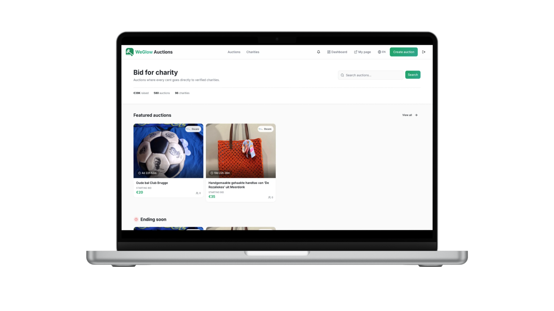 Veilingplatform voor goede doelen met uitgelichte veilingen op een laptop